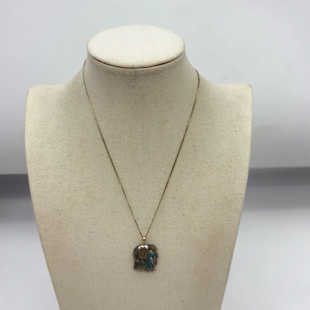 Vtg Abalone Shell Sterling Silver Necklace Elephant Chinese Good Luck Pendant